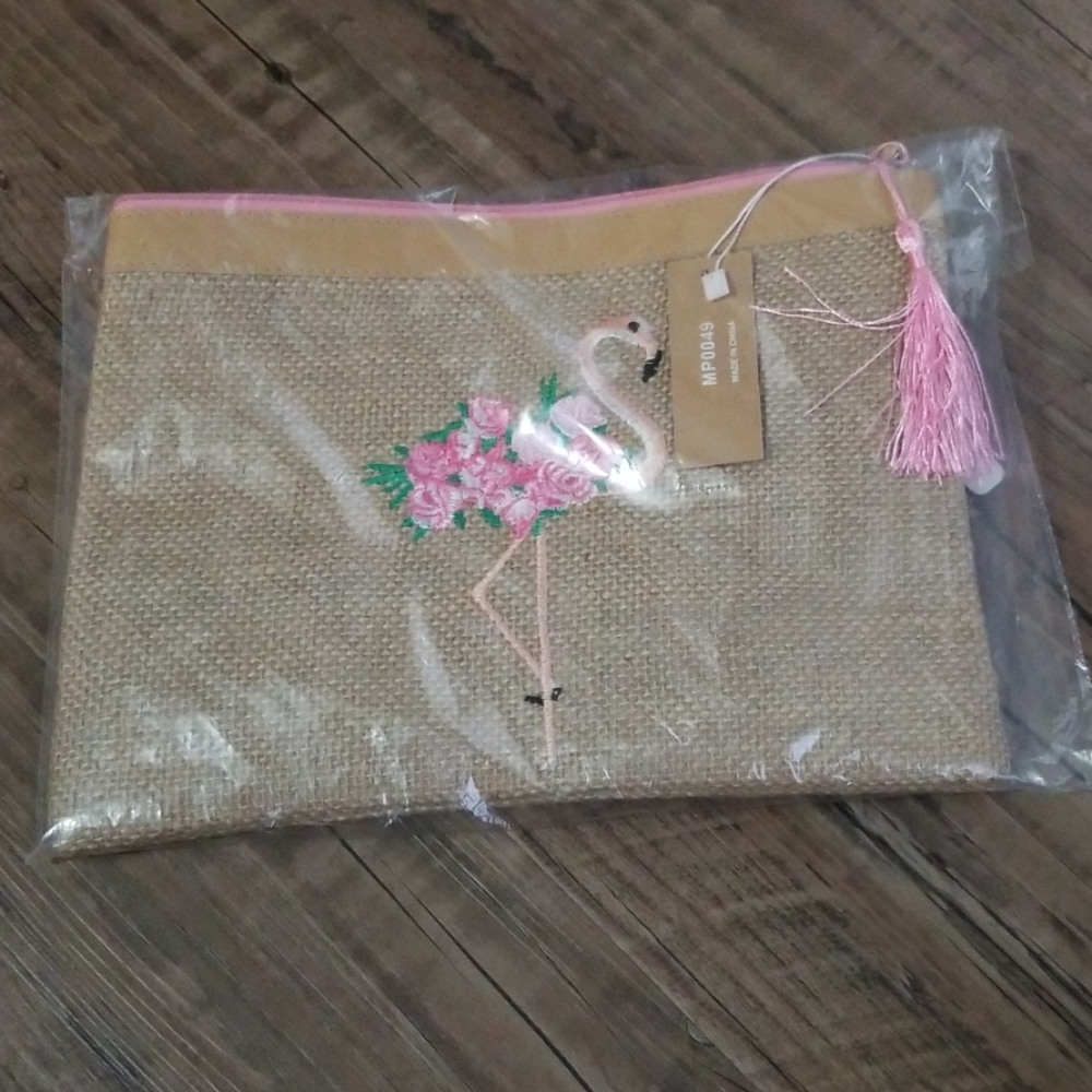 Jute Flamingo cosmetic/traveler bag